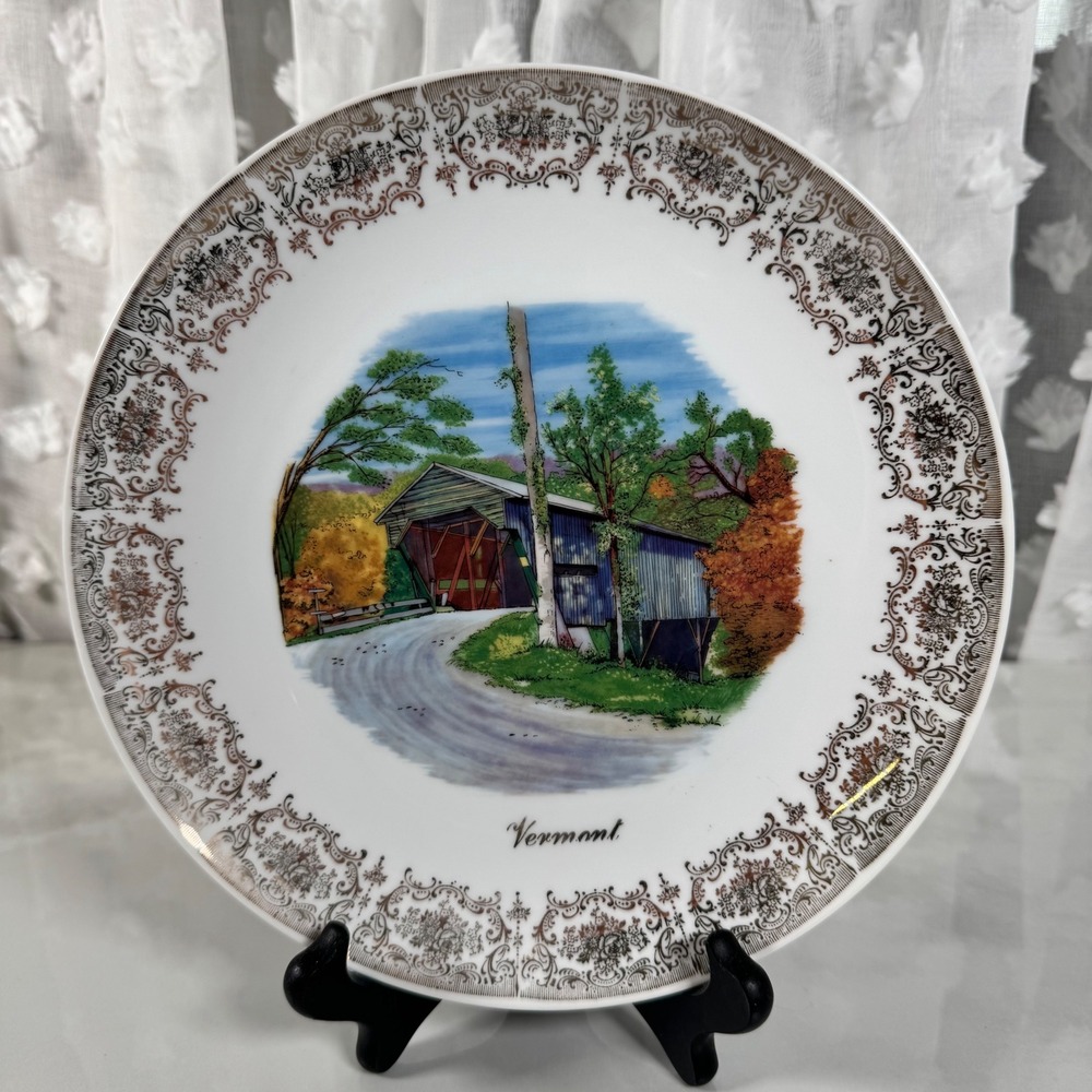 Vtg Vermont Covered Bridge Souvenir Collector Plate Gold Filigree Floral Edge